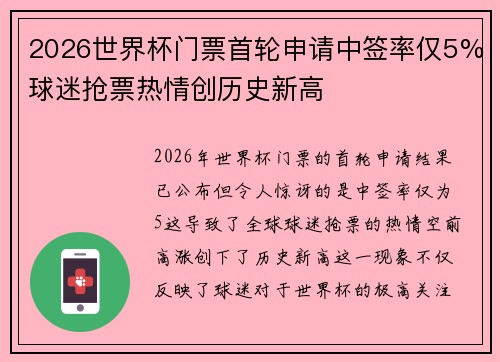 2026世界杯门票首轮申请中签率仅5%球迷抢票热情创历史新高