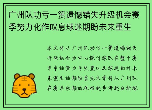 广州队功亏一篑遗憾错失升级机会赛季努力化作叹息球迷期盼未来重生